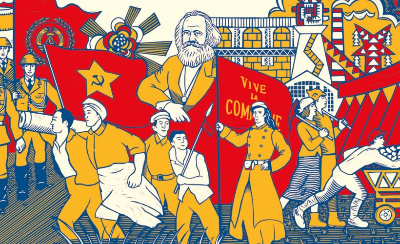 Poster-style illustration of Karl Marx, red flags and marching workers